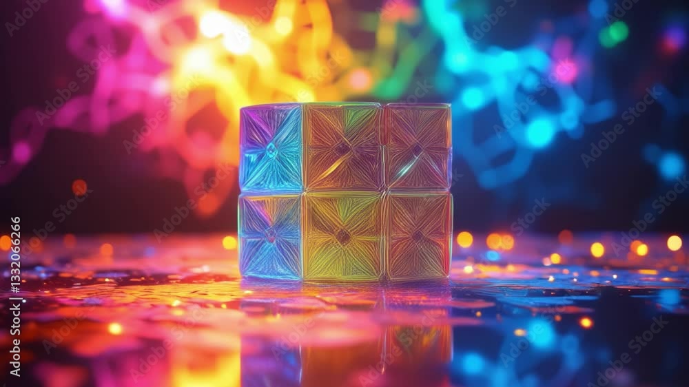 Poster Colorful geometric cube with intricate patterns and reflections on a vibrant background showcasing light effects and dynamic energy in an abstract artistic composition