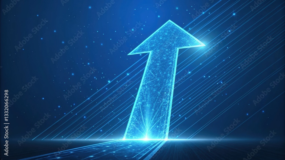 Poster ascending arrow of progress: a luminous digital arrow points upwards, representing growth, developme