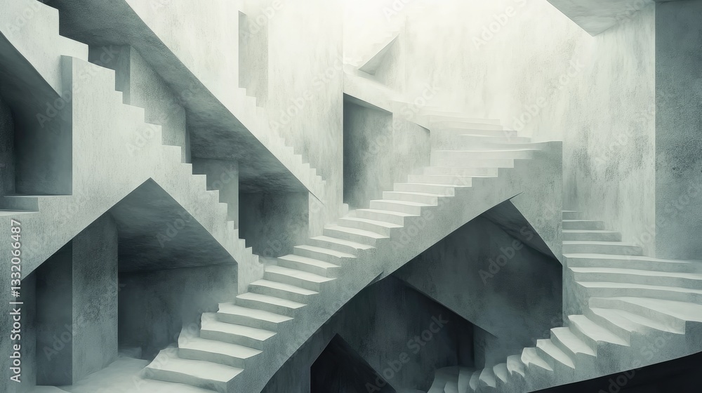 Poster intricate abstract stairs in a minimalist space with monochrome textures and unique architectural el