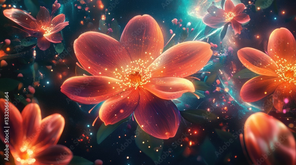Poster vibrant close-up of luminescent flowers with sparkling effects in abstract background