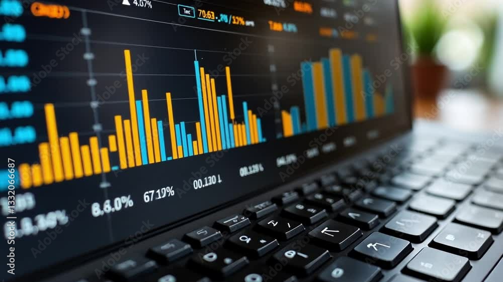 Poster analyzing financial data on a laptop screen with colorful bar graphs illustrating trends