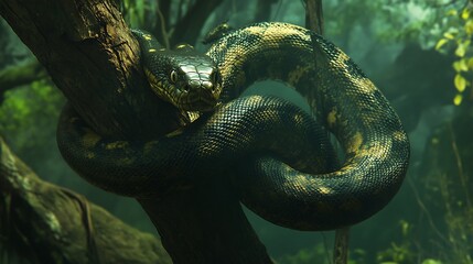 Naklejka premium Mighty anaconda coiled around a tree branch its body thick and powerful