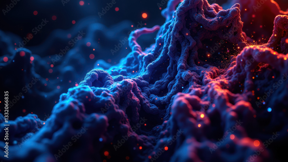 Poster intricate molecular structure with glowing elements against a cosmic background.