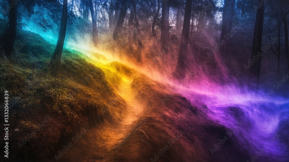 Poster vibrant rainbow mist in enchanted forest with ethereal colors and soft light shining through trees