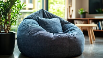 A comfortable blue beanbag chair with a small square matching pillow