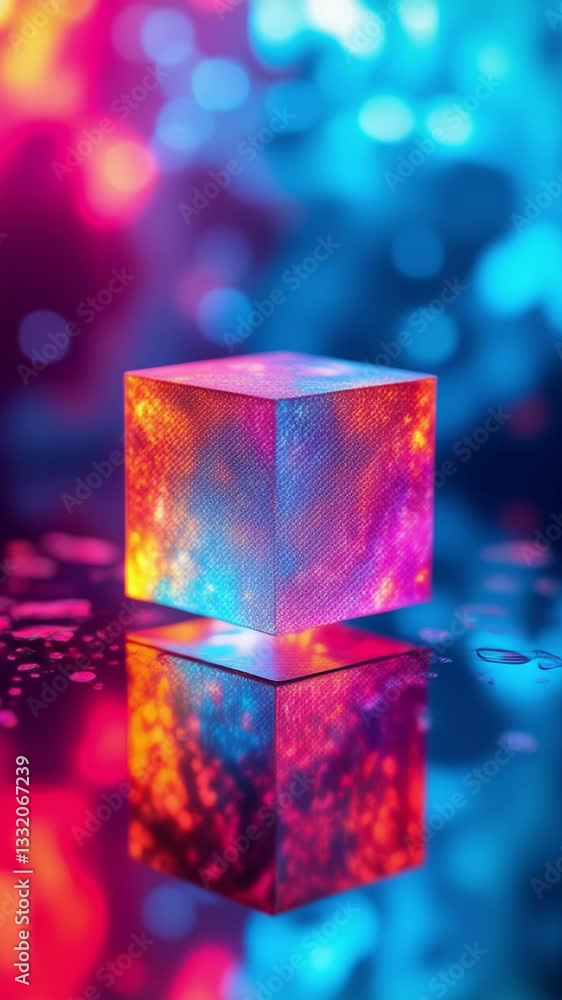Poster Colorful geometric cube with intricate patterns and reflections on a vibrant background showcasing light effects and dynamic energy in an abstract artistic composition