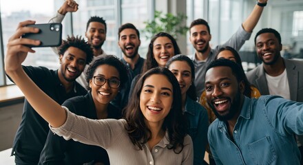 A Diverse Group Of Joyful Young Professionals Taking A Celebratory Selfie, Radiating Energy And Teamwork In A Bright Modern Office