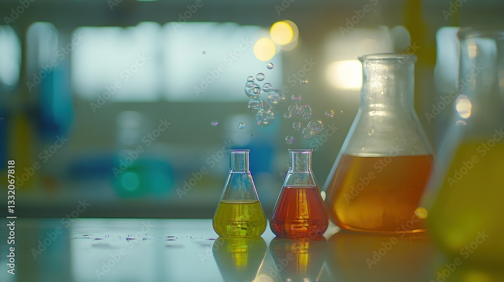 Poster laboratory glassware containing colorful liquids and bubbles are illuminated