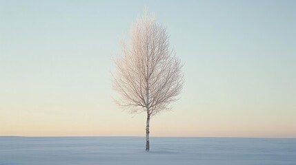 A solitary tree stands in a snowy landscape with delicate branches