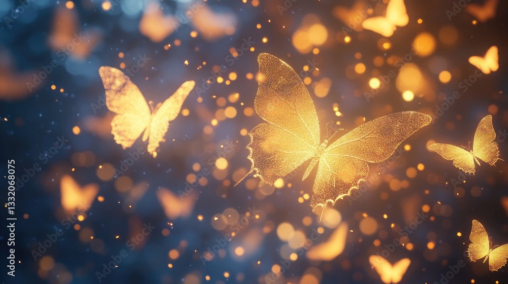 Aufkleber enchanting golden butterflies in a magical bokeh background shimmering with light and creating a whi