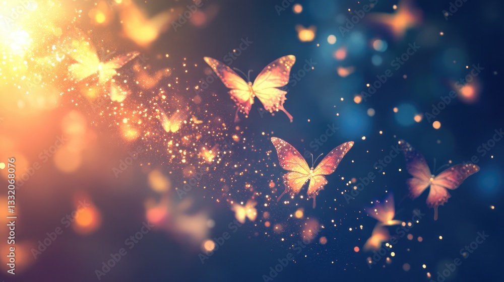 Poster colorful butterflies flying in a dreamy background with sparkling light effects and a soft bokeh atm