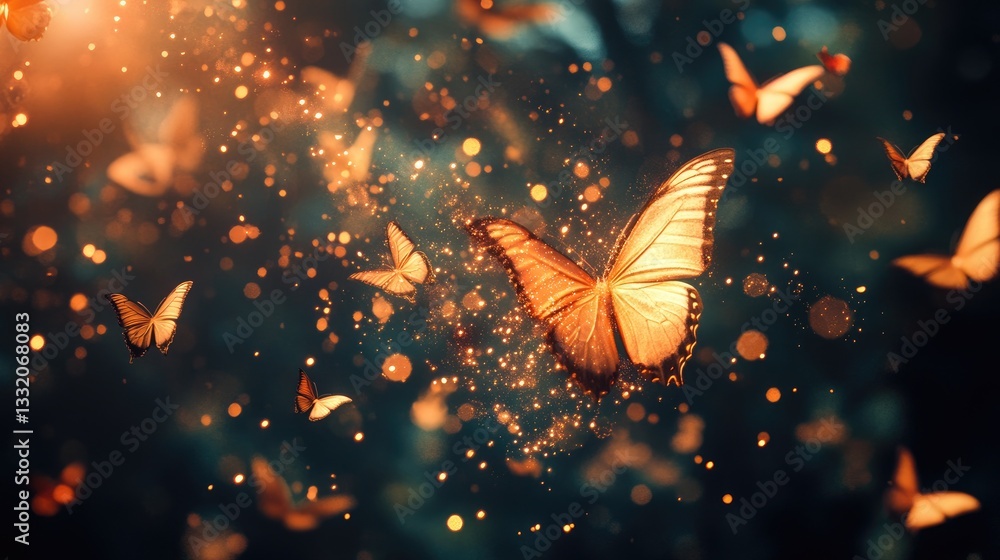 Poster ethereal butterflies in flight amidst glowing bokeh and sparkling dust in a dreamy forest setting
