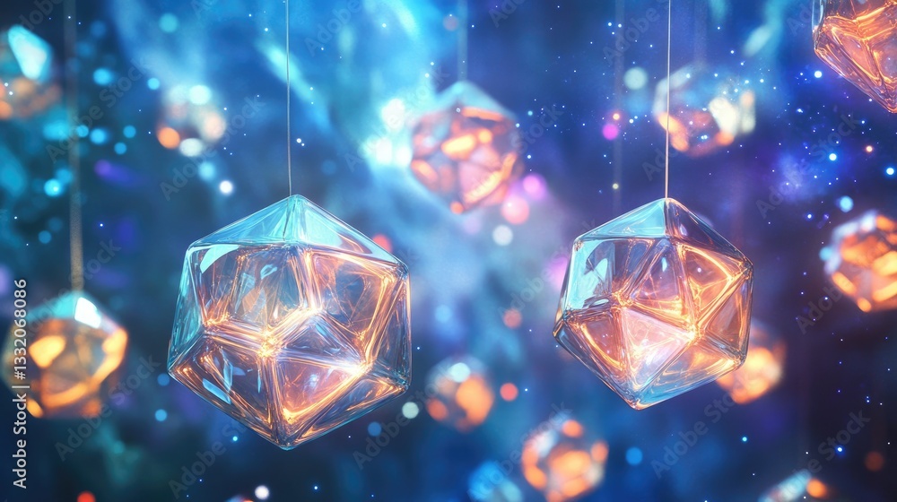 Poster vibrant geometric shapes in a mystical space setting with colorful light reflections and sparkling e