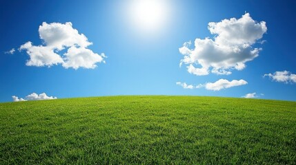 Obraz premium A green grassy hill beneath a clear blue sky with clouds and sun