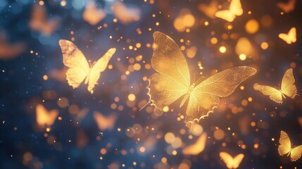 Enchanting golden butterflies in a magical bokeh background shimmering with light and creating a whimsical atmosphere