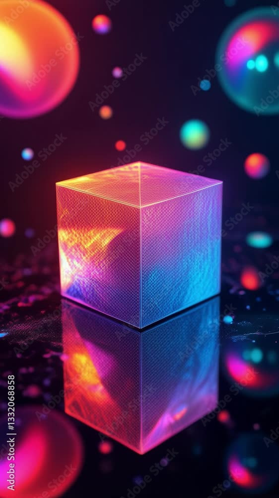 Aufkleber Colorful geometric cube with intricate patterns and reflections on a vibrant background showcasing light effects and dynamic energy in an abstract artistic composition