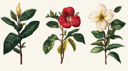 Hyper-realistic, vintage botanical illustrations with scientific labels. 
