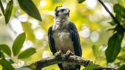Mighty harpy eagle perched high in the jungle canopy its powerful talons gripping a thick branch