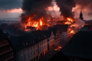 Darkened European city in turmoil as multiple fires rage and smoke fills the night sky Generative AI