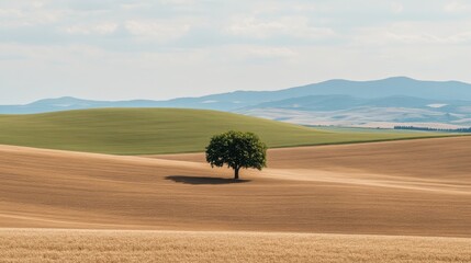 Fototapeta premium Solitary Green Tree in Rolling Hills Rural Landscape