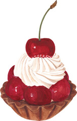 Watercolor Cherry Tart Isolated on White Background