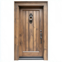 A rustic wooden door with vertical panels, featuring a vintage decorative knocker and modern lock hardware, offering a blend of classic and contemporary style.