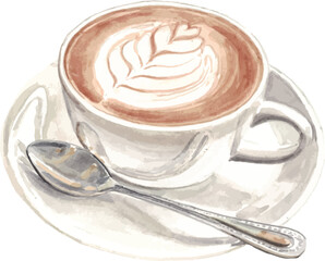 Watercolor Coffee Cup with Latte Art on White Background