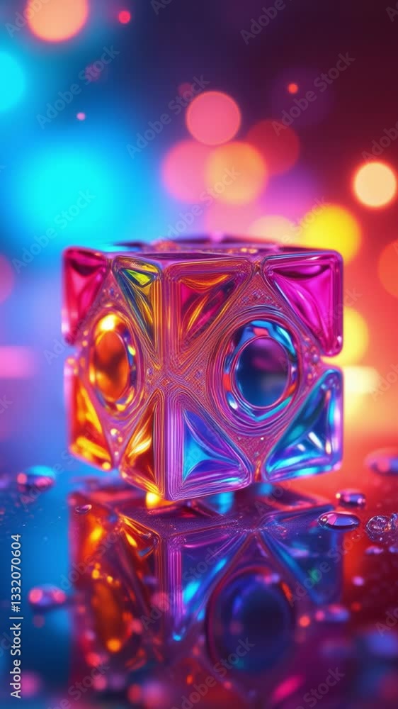 Poster Colorful geometric cube with intricate patterns and reflections on a vibrant background showcasing light effects and dynamic energy in an abstract artistic composition