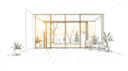A hand-drawn sketch of a minimalist interior using recycled materials and natural wood finishes