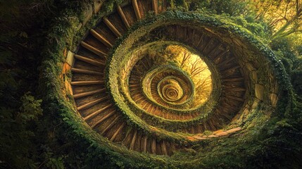 Fototapeta premium Spiral staircase surrounded by lush greenery and natural light in a mystical forest setting