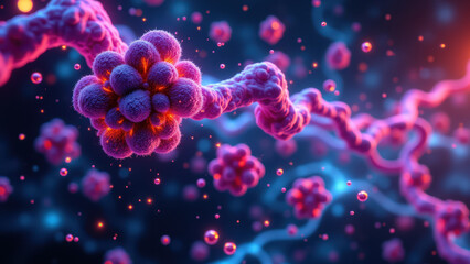 Immersive molecular view showcasing a single cell's intricate structure within a microscopic environment.