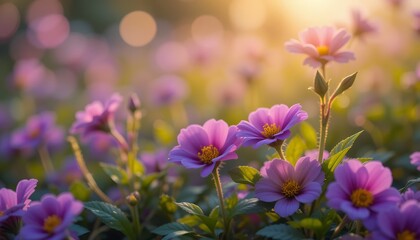 Fototapeta premium Enchanting field of vibrant purple cosmos flowers bathed in golden light