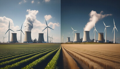 A split-image comparison of energy production methods. On the left, a coal or nuclear power plant emits thick smoke into the sky, surrounded by agricultural fields. On the right, a large renewable ene