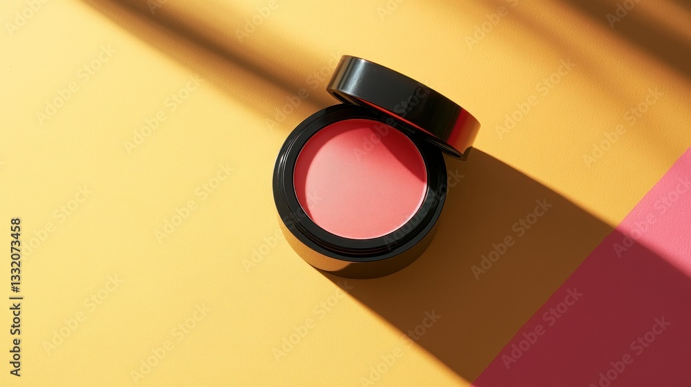 Poster an open circular blush compact displayed in a studio setting