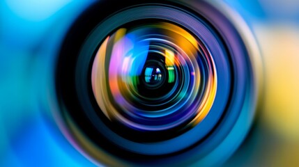 Close-up of a blue macro camera lens with vibrant multicolored reflections in blue and yellow tones. Optical technology concept with detailed glass elements and intricate light effects