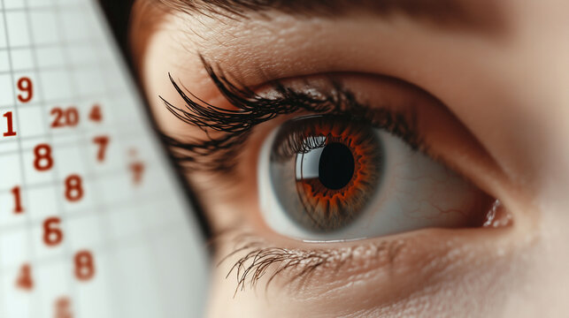 Close-Up Eye with Vision Chart in Red Numeric Background