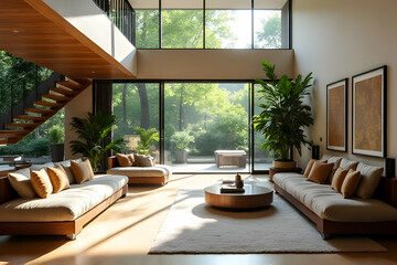 Spacious Modern Living Room with Large Windows and Cozy Furniture Overlooking a Lush Green Outdoor Area