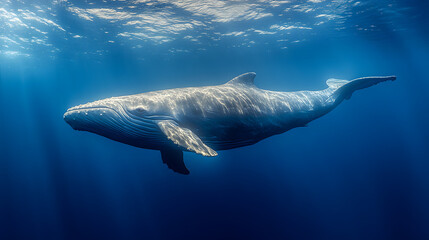 Fototapeta premium Underwater Majesty: A colossal whale elegantly glides through the deep blue ocean, a breathtaking image that showcases the beauty and grace of marine life.