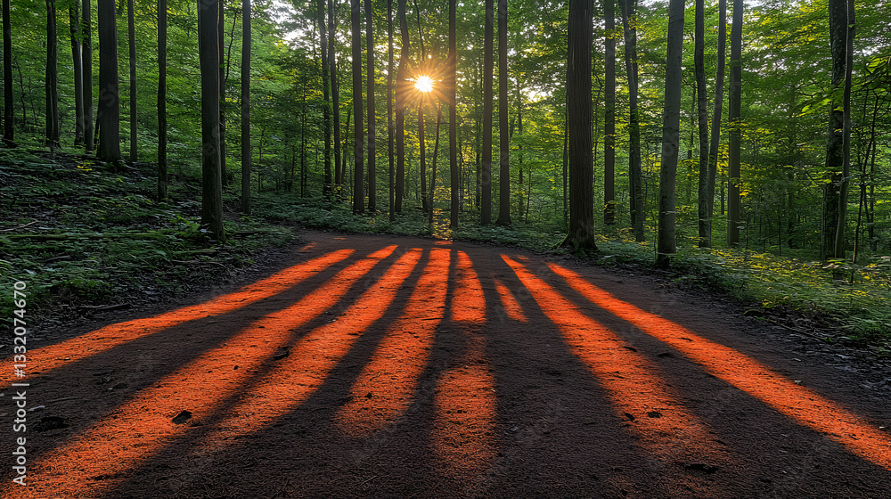 Poster golden rays: sunlight filtering through the tall trees, casting elongated shadows across a forest pa