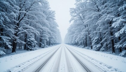 Obraz premium Serene Winter Landscape with Snow-Covered Trees and Empty Road in Chill Atmosphere