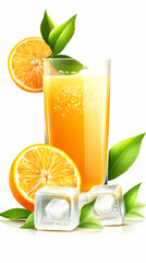 Refreshing Orange Juice with Ice and Fresh Fruit on White Background