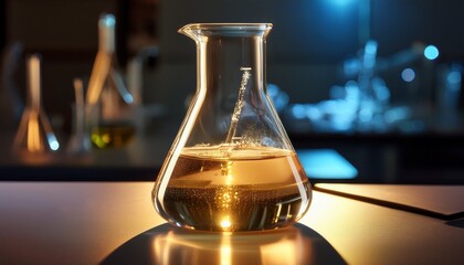 Glowing chemical solution in a conical flask, soft diffused light highlighting the liquid. Vibrant neon colors, magical laboratory concept, glowing experiment