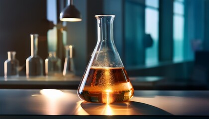 Glowing chemical solution in a conical flask, soft diffused light highlighting the liquid. Vibrant neon colors, magical laboratory concept, glowing experiment