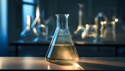 Glowing chemical solution in a conical flask, soft diffused light highlighting the liquid. Vibrant neon colors, magical laboratory concept, glowing experiment