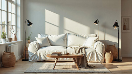A minimalist living room with a white sofa, wooden coffee table, woven baskets, and floor lamps near a window.