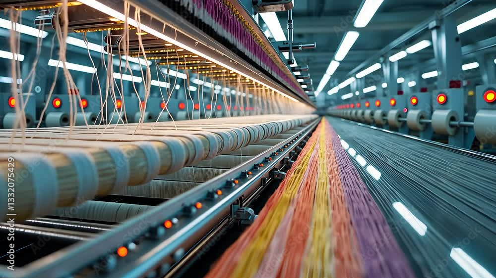 Poster high-speed textile manufacturing process with automated weaving machines producing colorful fabric i