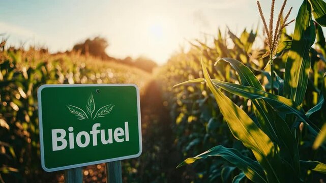 Sunlight glimmers over a cornfield with a sign promoting biofuel amidst lush green plants in the late afternoon
