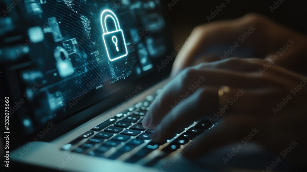Poster protecting data through encryption on a laptop at night in a digital environment