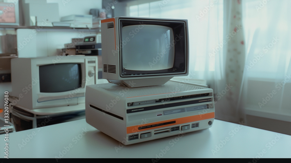 Poster retro tech nostalgia: step back in time with a retro computer set, the boxy monitor, and classic des