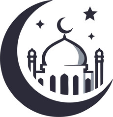 A clean and simple Ramadan logo featuring a mosque silhouette with a crescent moon and star. Designed with smooth curves and geometric balance, perfect for vector tracing and modern Islamic branding.